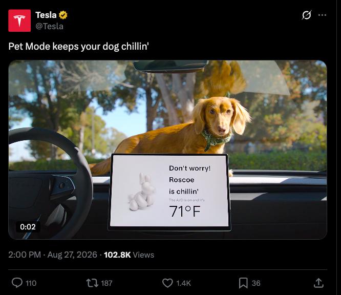 Tesla post featuring Roscoe using Pet Mode